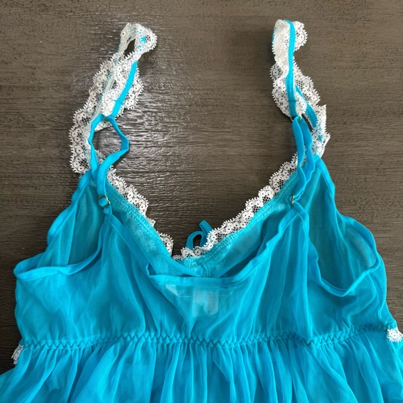 Victorias Secret Sheer Mesh Lace Trim Blue White Babydoll Tank S - Picture 7 of 11